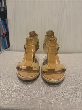 Fendi Beige/Tan Patent Leather Espadrille Wedge Sandals